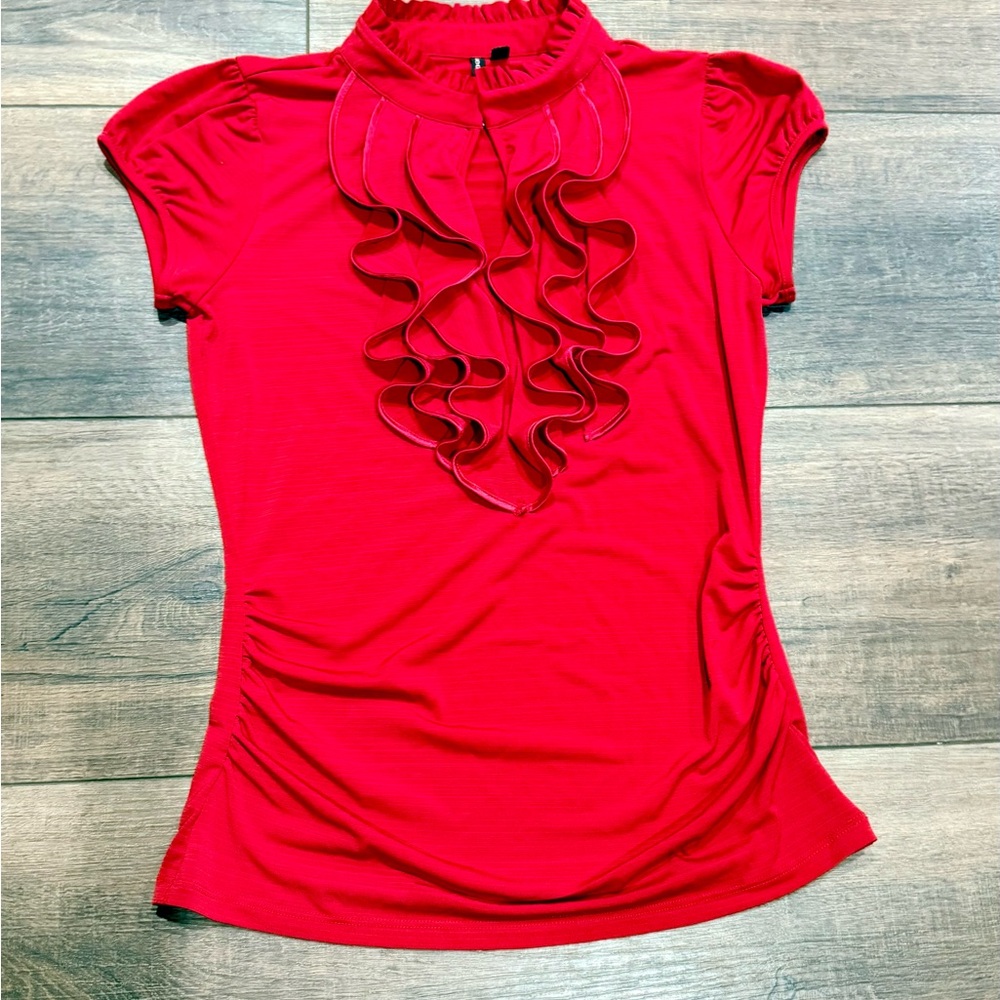 HeartSoul Red Ruffle Mock-Neck Short Sleeve Top